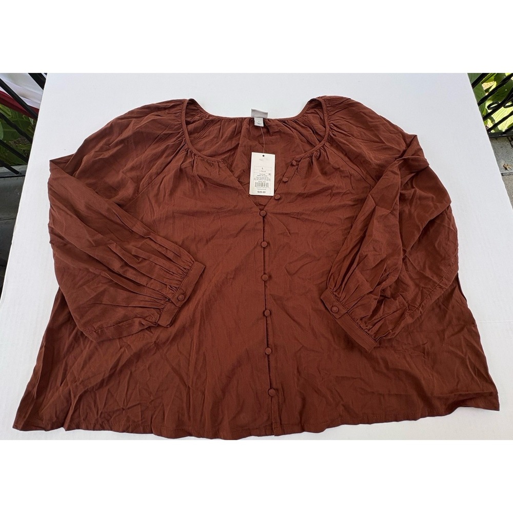 A New Day Women's Button-Front V-Neck Woven Top  Brown Size L NWT